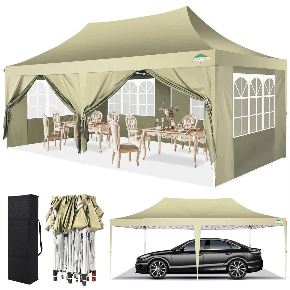 COBIZI 10x20 Pop-up Canopy Tent, Outdoor Events Canopy Tent with 6 Removable Sidewalls,for Backyard, Parties, Wedding, Khaki