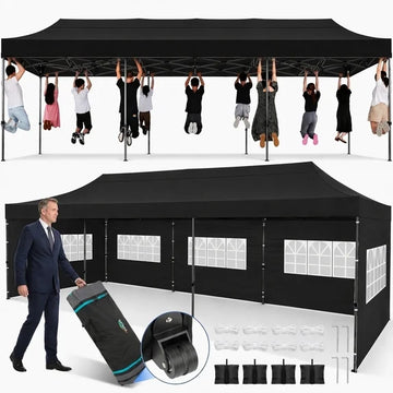 COBIZI 10x30 Pop Up Canopy Tent with 8 Sidewalls, Heavy Duty Waterproof UPF 50+ Commercial Instant Gazebo, Ez Setup for Party, Wedding & Trade Show, Includes Roller Bag, Black