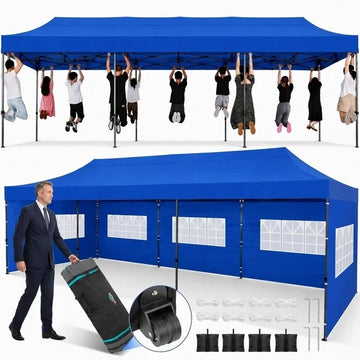COBIZI 10x30 Pop Up Canopy Tent with 8 Sidewalls, Heavy Duty Waterproof UPF 50+ Commercial Instant Gazebo, Ez Setup for Party, Wedding & Trade Show, Includes Roller Bag, Blue