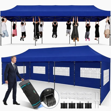 COBIZI 10x30 Pop Up Canopy Tent with 8 Sidewalls, Heavy Duty Waterproof UPF 50+ Commercial Instant Gazebo, Ez Setup for Party, Wedding & Trade Show, Includes Roller Bag, Dark Blue