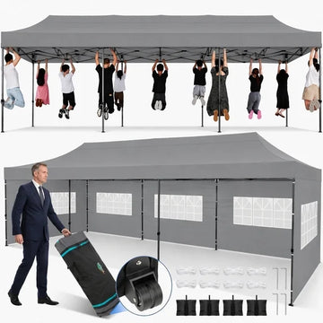 COBIZI 10x30 Pop Up Canopy Tent with 8 Sidewalls, Heavy Duty Waterproof UPF 50+ Commercial Instant Gazebo, Ez Setup for Party, Wedding & Trade Show, Includes Roller Bag, Gray