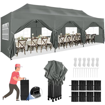 COBIZI 10x30 Heavy Duty Canopy Pop up Commercial Canopy Tent with 8 Sidewalls,Outdoor Carport with Roller Bag,Pop up Tents for Parties,Wedding,Commercial,Events,White(Frame Thickened)