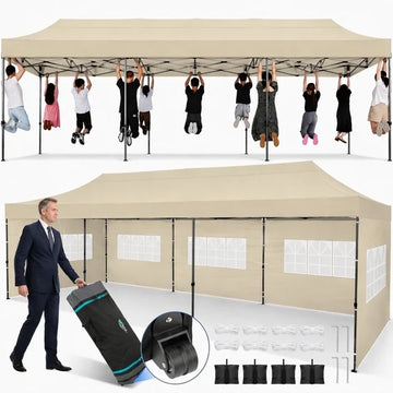 COBIZI 10x30 Pop Up Canopy Tent with 8 Sidewalls, Heavy Duty Waterproof UPF 50+ Commercial Instant Gazebo, Ez Setup for Party, Wedding & Trade Show, Includes Roller Bag, Khaki