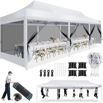 COBIZI 10x30 Heavy Duty Pop up Canopy with Mosquito Net,Instant Outdoor Shelter Large Canopy Tent for Outside,Gazebo with Mesh Sidewalls for Party,Backyard,Camping,White