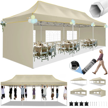COBIZI 10x30 Heavy Duty Pop up Canopy Tent with 5 Waterproof Walls, UPF 50+ Protection, Roller Bag, Adjustable Heights, and 4 Sand Bags,Khaki (Enhanced Hexagonal Frame)