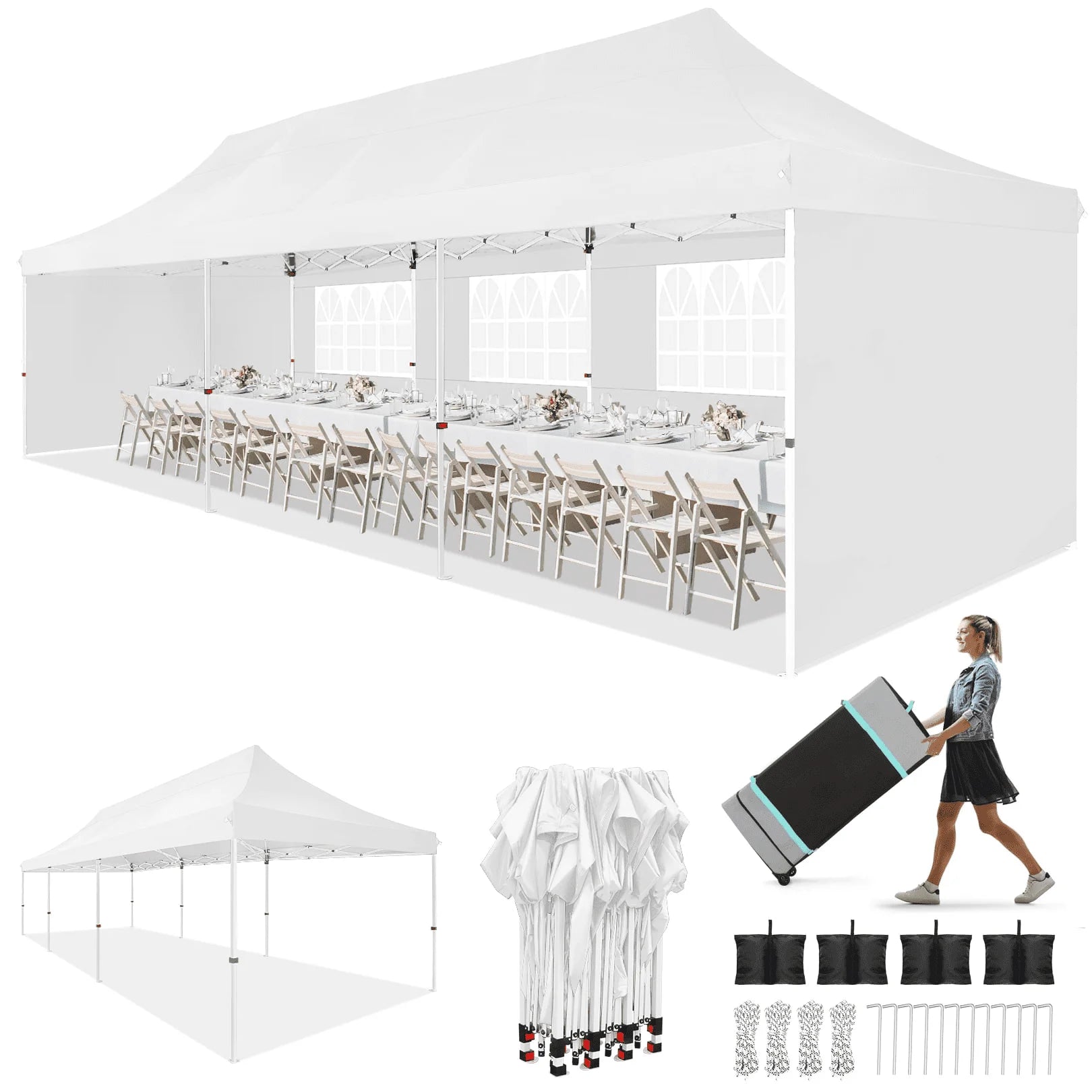 COBIZI 10x30 Heavy Duty Pop up Canopy with 5 Sidewalls, Waterproof and UV50+ Party Tent for Weddings, Patio, Commercial Use, Includes Roller Bag & 4 Sandbags, White
