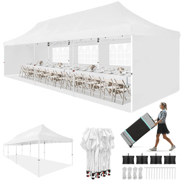 COBIZI 10x30 Heavy Duty Pop up Canopy with 5 Sidewalls, Waterproof and UV50+ Party Tent for Weddings, Patio, Commercial Use, Includes Roller Bag & 4 Sandbags, White