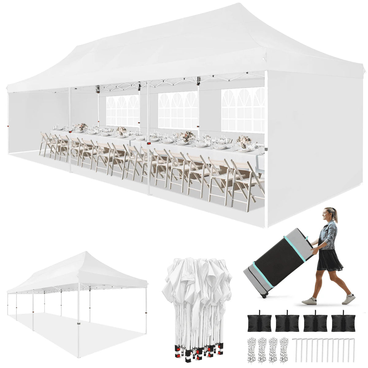 COBIZI 10x30 Heavy Duty Pop up Canopy with 5 Sidewalls, Waterproof and UV50+ Party Tent for Weddings, Patio, Commercial Use, Includes Roller Bag & 4 Sandbags, White