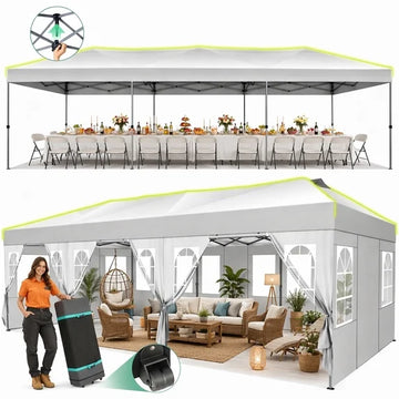 COBIZI 10x30 Pop Up Canopy Tent with 8 Sidewalls, Waterproof UPF50+ Outdoor Party Tent, One Push Setup with Adjustable Height and Air Vents, Includes Wheeled Bag, Sandbags, Stakes and Ropes, White