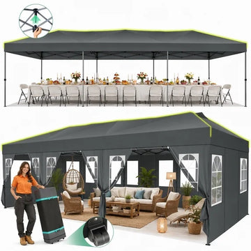 COBIZI 10x30 Pop Up Canopy Tent with 8 Sidewalls, Waterproof UPF50+ Outdoor Party Tent, One Push Setup with Adjustable Height and Air Vents, Includes Wheeled Bag, Sandbags, Stakes and Ropes, Gray