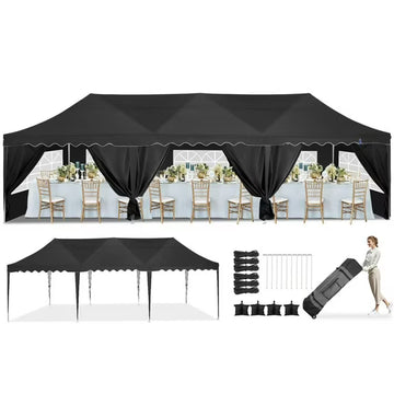COBIZI 10x30 Pop Up Canopy Tent with 8 Sidewalls,Wave Eave Heavy Duty Canopy Tent for Outside ,Camping,Wedding,Ez tents for party with Roller Bag Thickened Frame Large Space UV 50+