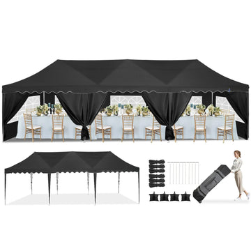 COBIZI 10x30 Pop Up Canopy Tent with 8 Sidewalls,Wave Eave Heavy Duty Canopy Tent for Outside ,Camping,Wedding,Ez tents for party with Roller Bag Thickened Frame Large Space UV 50+ Waterproof,Black