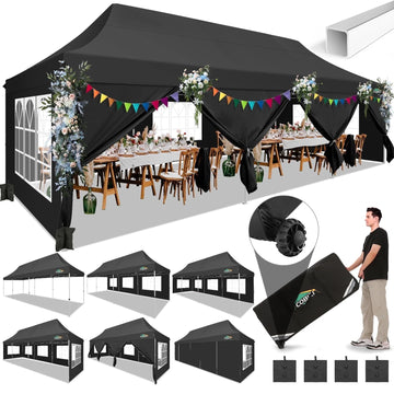 COBIZI 10x30 Pop-up Canopy Outdoor Wedding Party Tent Patio Gazebo Commercial Canopy Tent with Sidewalls Black