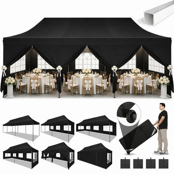 COBIZI 10x30 Pop Up Canopy Tent with 8 Sidewalls, Waterproof 2000mm+ UPF 50+ Instant Outdoor Gazebo, Ez Setup for Party, Wedding, Trade Show, Includes Roller Bag, Sandbags & Stakes, Black