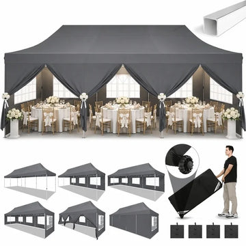 COBIZI 10x30 Pop Up Canopy Tent with 8 Sidewalls, Waterproof 2000mm+ UPF 50+ Instant Outdoor Gazebo, Ez Setup for Party, Wedding, Trade Show, Includes Roller Bag, Sandbags & Stakes, Gray