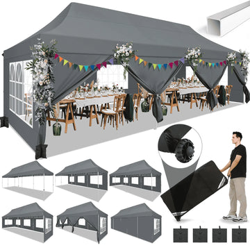 COBIZI 10x30 ft Pop-Up Canopy Tent with 8 Sidewalls, Waterproof UPF 50+ Instant Outdoor Gazebo for Party Wedding Trade Show, Includes Roller Bag & 4 Sandbags, Gray