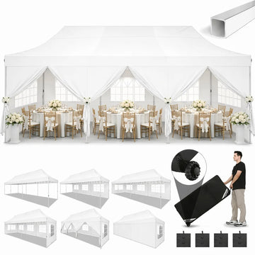 COBIZI 10x30 Pop Up Canopy Tent with 8 Sidewalls, Waterproof 2000mm+ UPF 50+ Instant Outdoor Gazebo, Ez Setup for Party, Wedding, Trade Show, Includes Roller Bag, Sandbags & Stakes, White