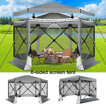 COBlZl 12'x12' Pop Up Gazebo 6-Sided Screen House Tent for Camping, Outdoor Instant Stargazing Gazebo Canopy with Awning 2.0,Portable Hub Tent with Removable Sidewalls,Screen Tent for Backyard,Gray