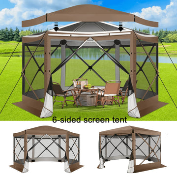 COBIZI 12'x12 Pop Up Gazebo 6-Sided Screen House Tent for Camping, Outdoor Instant Stargazing Gazebo Canopy with Awning 2.0, Portable Hub Tent with Netting, Screen Tent for Outdoor, Backyard, Brown