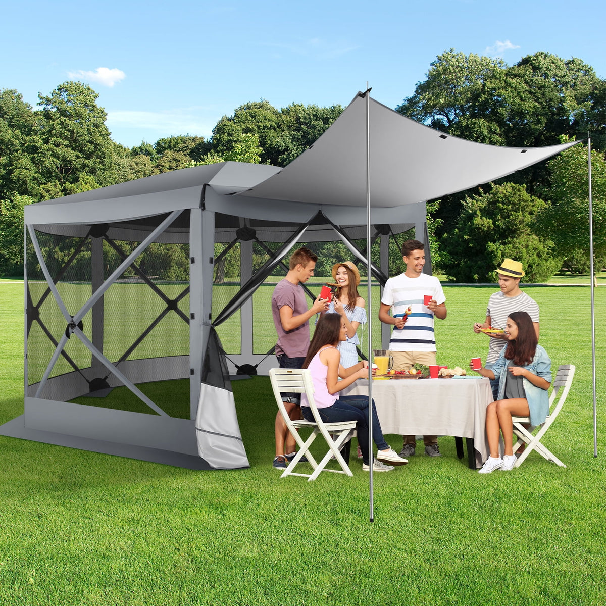 COBIZI 12'x12 Pop Up Gazebo 6-Sided Screen House Tent for Camping, Outdoor Instant Stargazing Gazebo Canopy with Awning 2.0, Portable Hub Tent with Netting, Screen Tent for Outdoor, Backyard, Gray