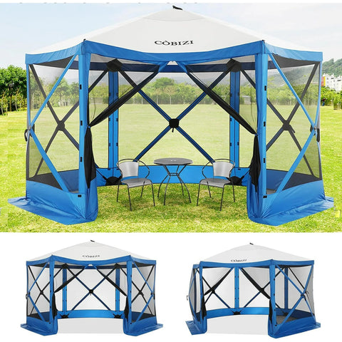 COBIZI 12'x12' Pop-up Gazebo Canopy Portable Screen House Room, Easy Pop-up Gazebo Outdoor Camping Tent with Carry Bag, Waterproof, UV Resistant, Attached Wind Panels, 8-Person & Table, Cerulean Blue