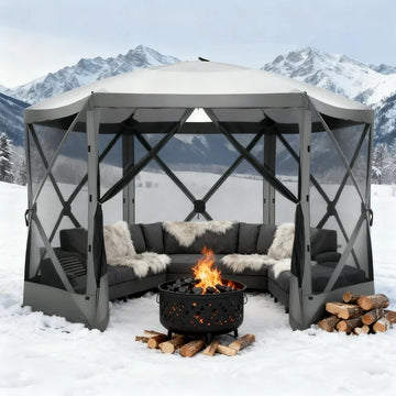 COBIZI 12'x12' Pop-up Gazebo Outdoor Camping Tent with 6 Sides Mosquito Netting, Waterproof, UV Resistant, Portable Screen House Room, Easy Set-up Party Tent with Carry bag, Ground Spike, Gray