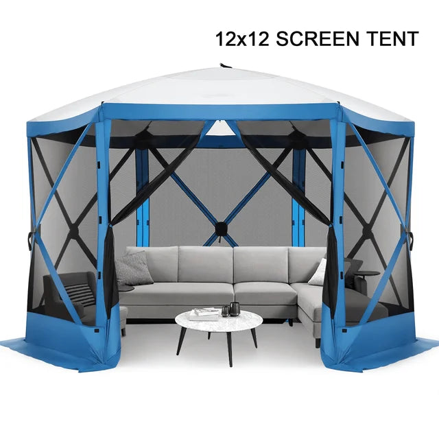 OBIZI 12'x12' Portable Screen House Room, Easy Pop-up Gazebo Outdoor Camping Tent with Carry Bag, Waterproof, UV Resistant, Attached Wind Panels, 8-Person & Table, Blue