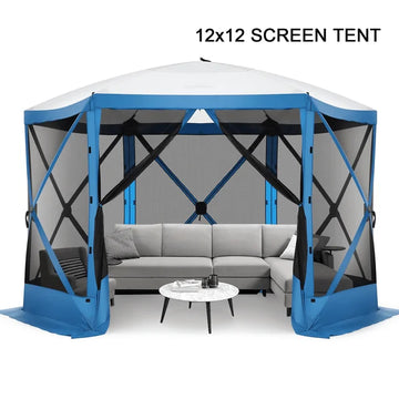 OBIZI 12'x12' Portable Screen House Room, Easy Pop-up Gazebo Outdoor Camping Tent with Carry Bag, Waterproof, UV Resistant, Attached Wind Panels, 8-Person & Table, Blue