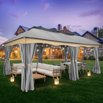 COBIZI 12X20 Heavy Duty Gazebo Outdoor Gazebo with Mosquito Netting and Curtains,Canopy Tent Deck Gazebo with Double-Arc Roof Ventiation and Metal Steel Frame Suitable for Lawn, Backyard, Patio,Brown