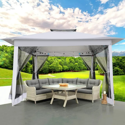 COBIZI 12x12 Outdoor Gazebo Pop Up Gazebo Canopy with Mosquito Netting Patio Tent Backyard Canopy with 2-Tiered Vented Top 3 Adjustable Height, Gray