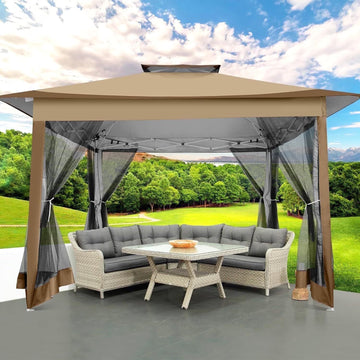 COBIZI 12'x12' Pop-up Gazebo Patio Gazebo Outdoor Gazebo Canopy with Mosquito Netting Patio Tent Backyard Canopy with 2-Tiered Vented Top 3 Adjustable Height and 144 Square Ft of Shade, Brown