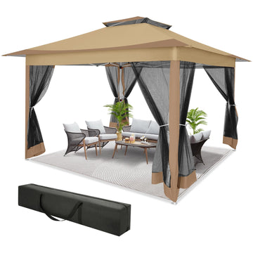 COBIZI 12x12 Outdoor Gazebo Pop-up Gazebo Canopy with Mosquito Netting Patio Tent Backyard Canopy with 2-Tiered Vented Top 3 Adjustable Height, Brown