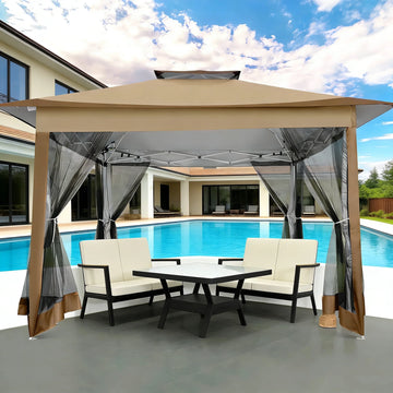 COBIZI 12x12 Outdoor Gazebo Pop-up Gazebo Canopy with Mosquito Netting Patio Tent Backyard Canopy with 2-Tiered Vented Top 3 Adjustable Height, Brown
