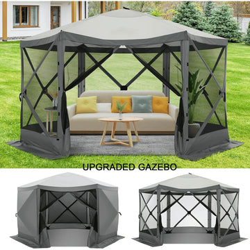 COBIZI 12x12 Pop Up Canopy Gazebo, Outdoor Canopy Tent Screen House with 5 sidewalls and Netting for Camping, Waterproof, UV Resistant, Ez Set-up Party Tent with Carrying Bag and Ground Stakes,Gray