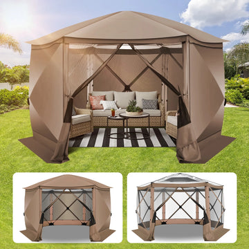 COBIZI 12x12 Pop-up Gazebo Screen Canopy with 5 Sidewalls and Mosquito Nettings for Camping, Tent Instant Screened House with Carrying Bag and Ground Stakes, Khaki(Upgraded)