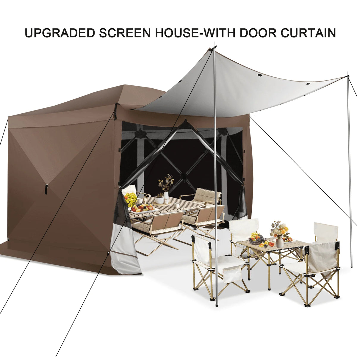 COBIZI 12x12ft Pop up Gazebo Screen House Tent for Camping, 6-Sided Outdoor Canopy Tent with Removable Roof&Sidewalls, Portable Hub Tent with Carrying Bag and Ground Stakes, Brown(Upgraded)