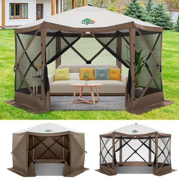 COBIZI 12x12ft Pop Up Canopy Gazebo, Outdoor Canopy Tent Screen House with 6 sidewalls and Netting for Camping, Waterproof, UV Resistant, Ez Set-up Party Tent with Carrying Bag and Ground Stakes,Brown