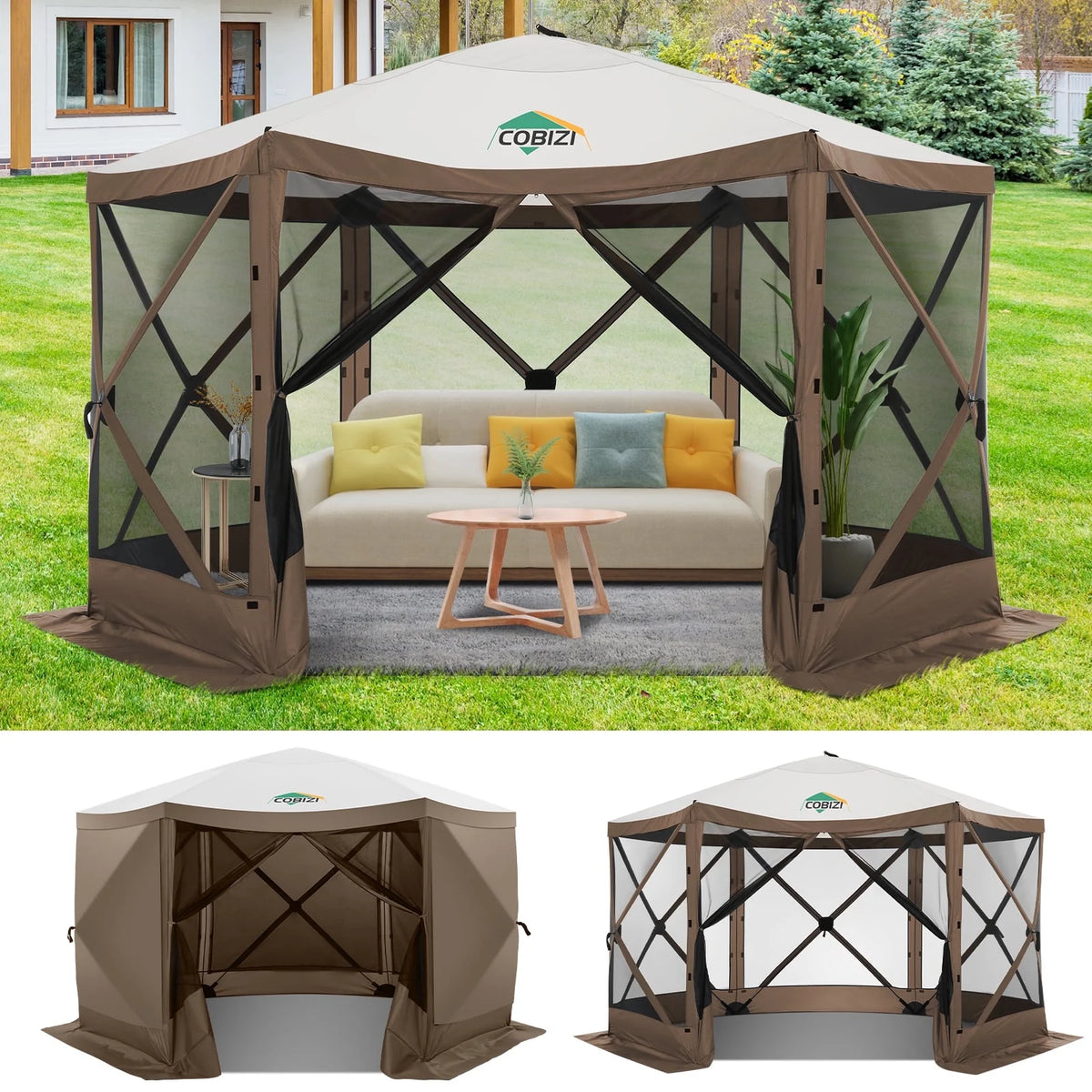 COBIZI 12x12ft Pop Up Canopy Gazebo, Outdoor Canopy Tent Screen House with 6 sidewalls and Netting for Camping, Waterproof, UV Resistant, Ez Set-up Party Tent with Carrying Bag and Ground Stakes,Brown