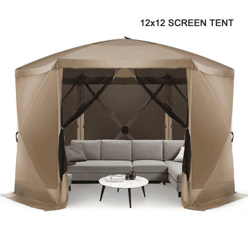 COBIZI 12x12ft Pop-up Gazebo Screen Tent Screen House with sidewalls and Mosquito Netting for Camping, Waterproof, UV Resistant, EZ Set-up Party Canopy with Carrying Bag and Ground Stakes, Khaki