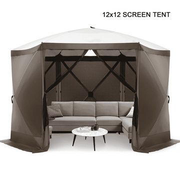 COBIZI 12x12ft Pop-up Gazebo Screen Tent Screen House with sidewalls and Mosquito Netting for Camping, Waterproof, UV Resistant, EZ Set-up Party Canopy with Carrying Bag and Ground Stakes, Brown
