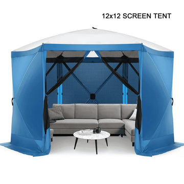 COBIZI 12x12ft Pop-up Gazebo Screen Tent Screen House with sidewalls and Mosquito Netting for Camping, Waterproof, UV Resistant, EZ Set-up Party Canopy with Carrying Bag and Ground Stakes, Blue