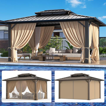 COBIZI 12x20 Hardtop Gazebo Aluminum Metal Gazebos Galvanized Steel Double Roof Permanent Hardtop Gazebo with Netting and Curtains Aluminum Frame Steel Gazebos for Deck, Lawns and Backyard, Brown