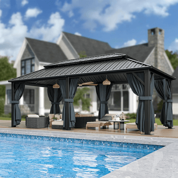 COBIZI 12x20 Hardtop Gazebo with Metal Roof, Heavy Duty Galvanized Steel Gazebo, Reinforced Square Column, Flame-Resistant Curtains and Netting,Permanent Gazebo for Deck,Lawns and Backyard,Black(Pro)