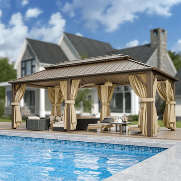 COBIZI 12x20 Hardtop Gazebo with Metal Roof, Heavy Duty Galvanized Steel Gazebo, Reinforced Square Column, Flame-Resistant Curtains and Netting,Permanent Gazebo for Deck,Lawns and Backyard,Brown(Pro)