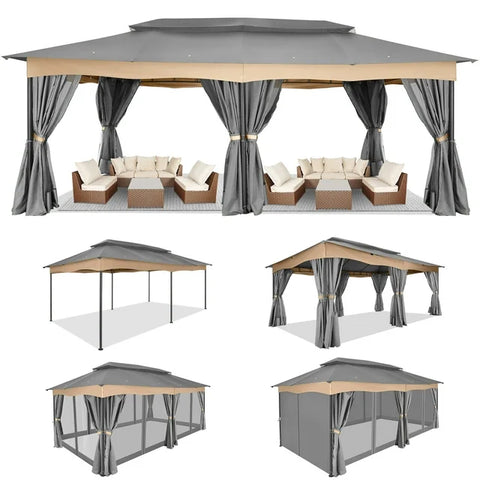COBIZI 12x20 Heavy Duty Canopy Gazebo Outdoor Gazebo with 6 Netting and Curtains 100% Waterproof Party Wedding Tents with Double Roof and Metal Steel Frame for Backyard, Patio, Lawn, Garden, Khaki