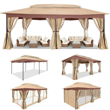 COBIZI 12x20 Heavy Duty Canopy Gazebo Outdoor Gazebo with 6 Netting and Curtains 100% Waterproof Party Wedding Tents with Double Roof and Metal Steel Frame for Backyard, Patio, Lawn, Garden, Khaki