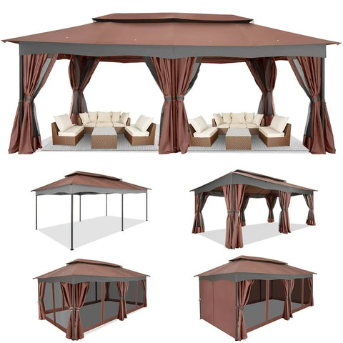 COBIZI 12x20 Heavy Duty Canopy Gazebo Outdoor Gazebo with 6 Netting and Curtains 100% Waterproof Party Wedding Tents with Double Roof and Metal Steel Frame for Backyard, Patio, Lawn, Garden, Brown