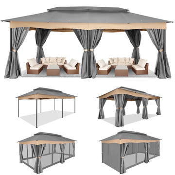 COBIZI 12x20 Heavy Duty Canopy Gazebo Outdoor Gazebo with 6 Curtains 100% Waterproof Party Wedding Tents with Double Roof and Metal Steel Frame for Backyard, Patio, Lawn, Garden, Gray