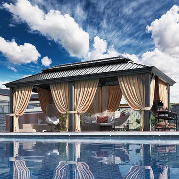 COBIZI 12x20ft Hardtop Gazebo Galvanized Steel Double Roof Permanent Hardtop Gazebo Aluminum Metal Gazebos with Netting and Curtain Aluminum Frame Gazebos for Deck,Lawns and Backyard,Brown(Upgraded)