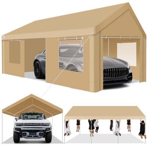 COBIZI 12x20ft Carport Large Heavy Duty Car Tent with Powder-Coated Steel Frame, Portable Garage with Removable Sidewalls & Doors, Car Canopy with All-Season Tarp for Outdoor Party, Birthday, Khaki